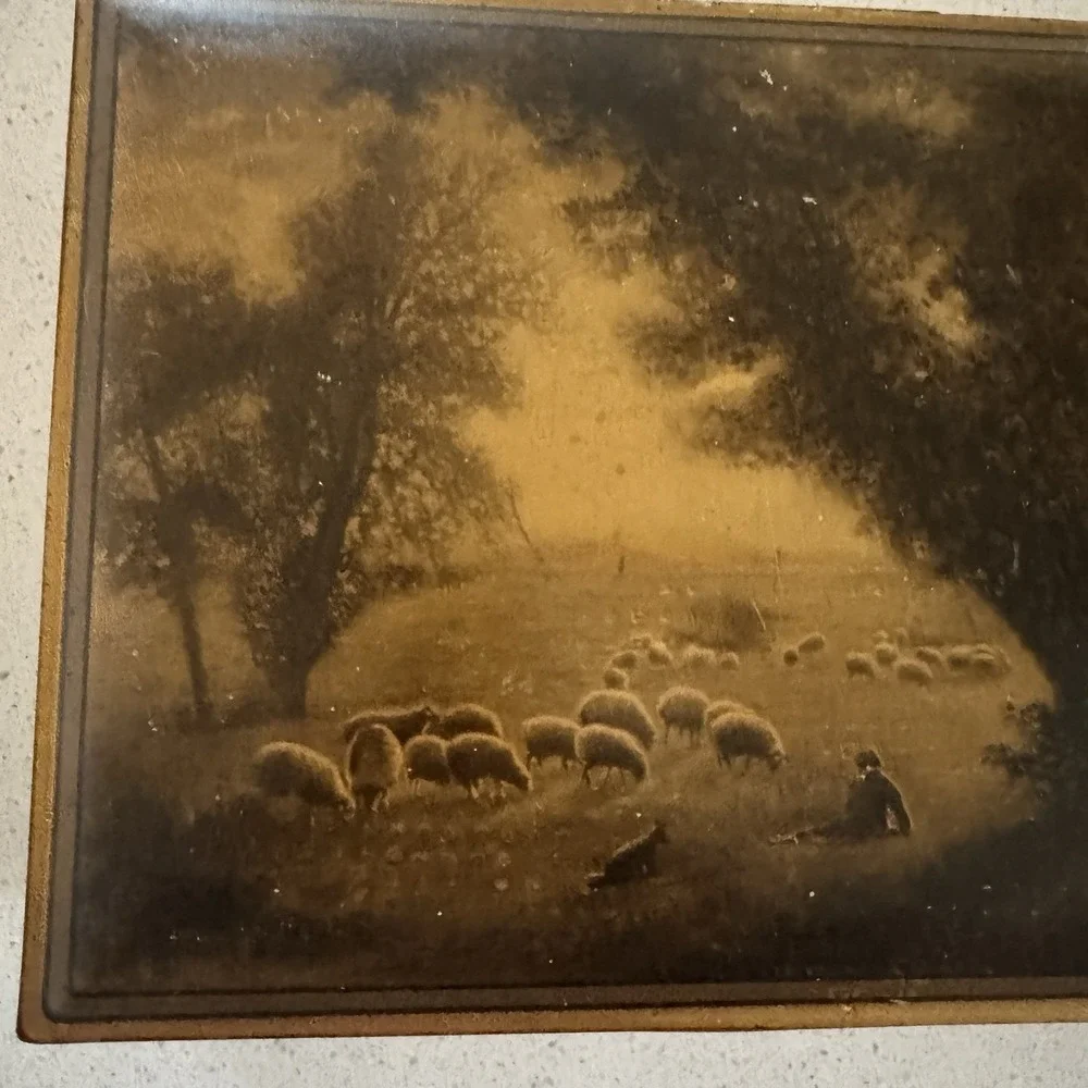 Uneeda Biscuit Tin Box Container Vintage Brown Pastoral Landscape Sheep 1920s